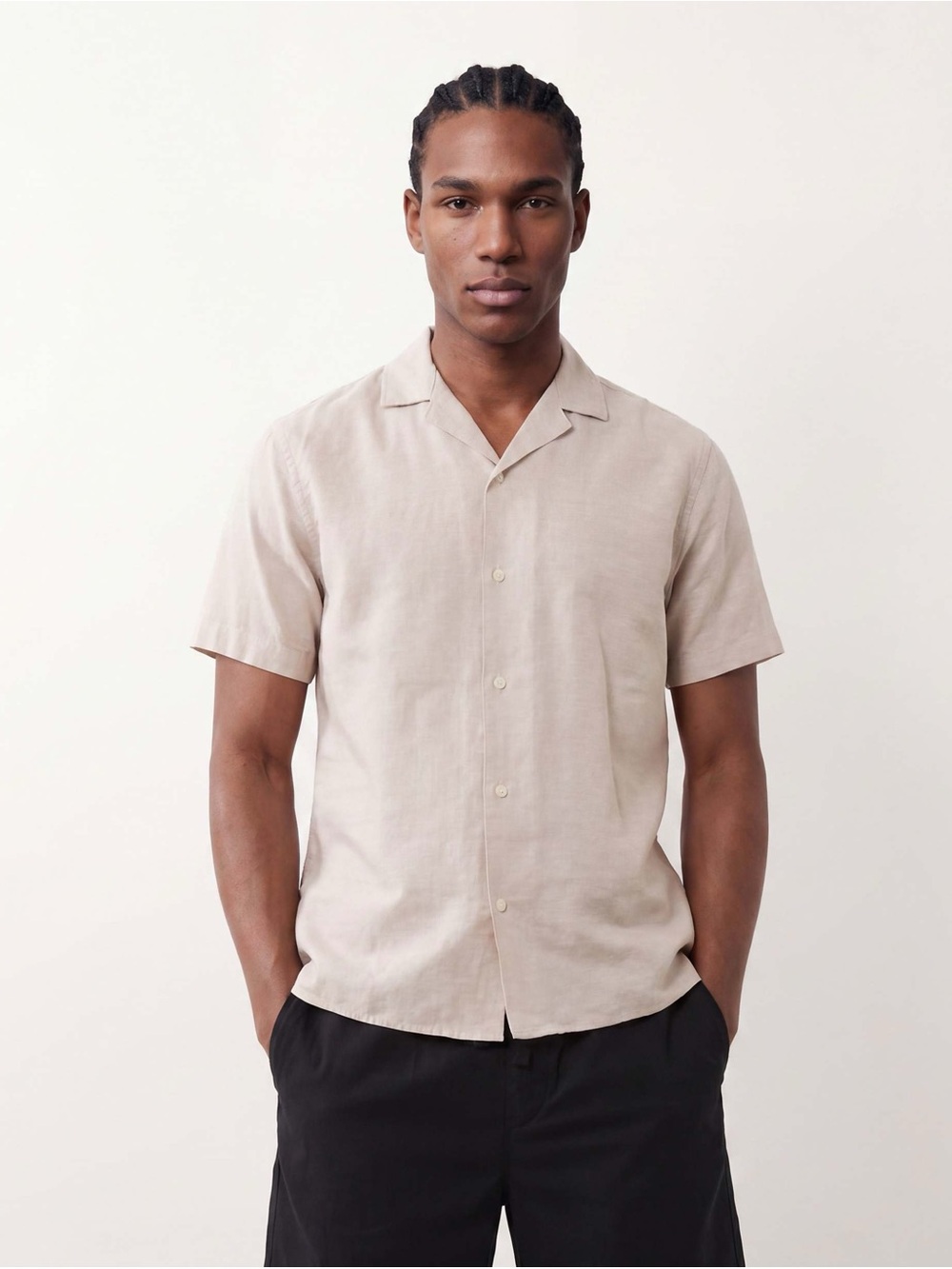 Men’s ASOS Linen Cotton Blend Button Up Short Sleeve Shirt Tan Beige - Medium